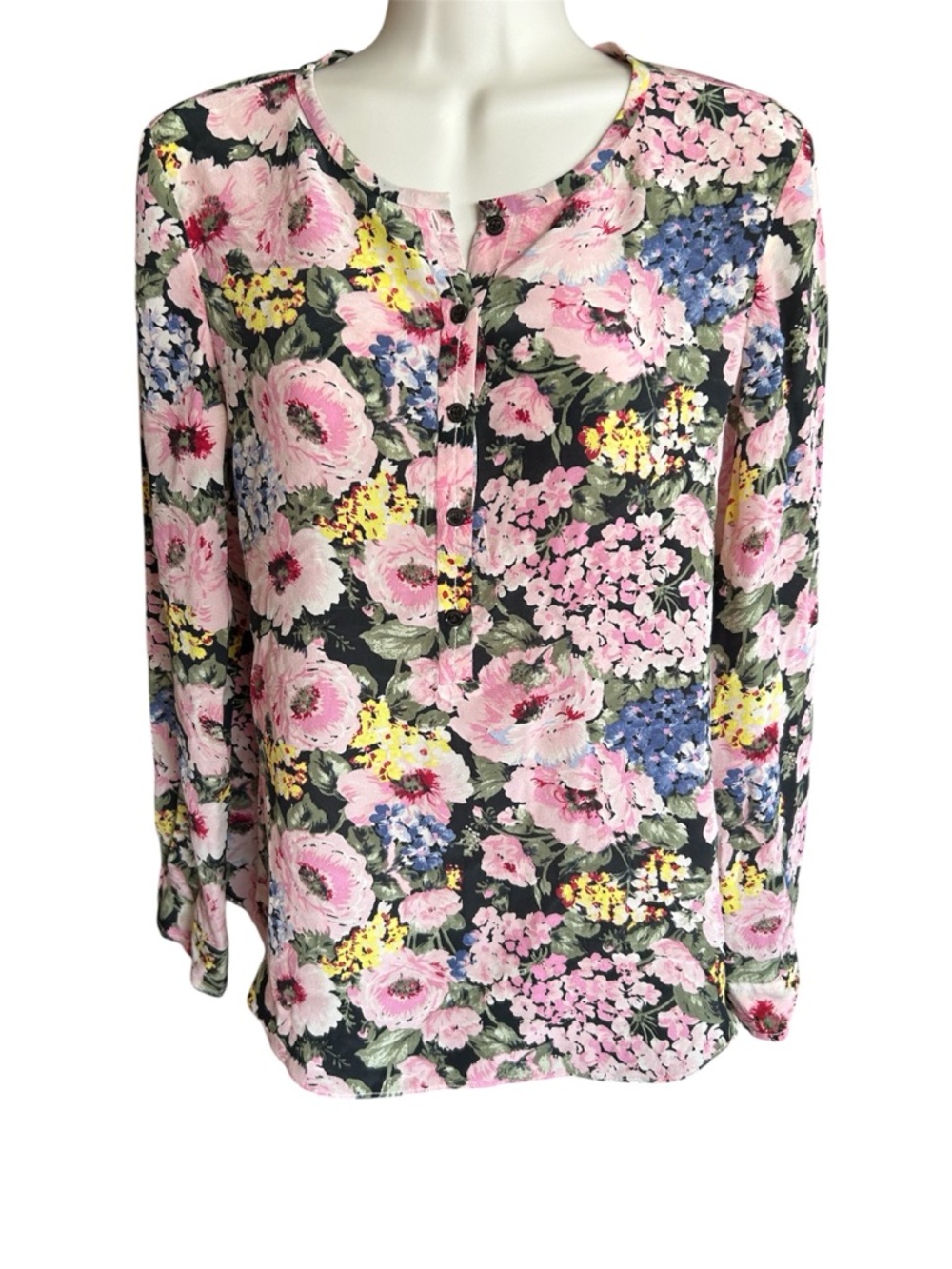 Rebecca Taylor Silk Floral Long-Sleeve Blouse in Pink and Black